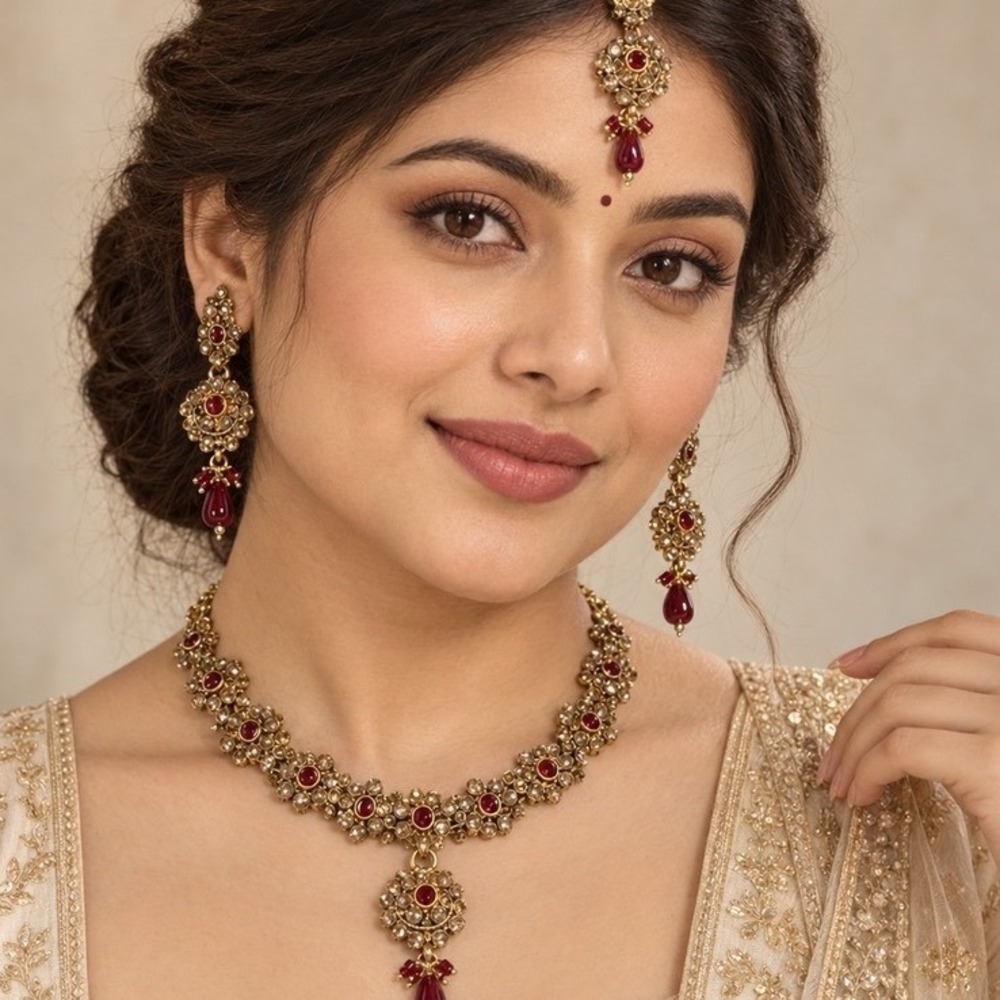Gold Tone Red Bridal Jewelry Set Necklace Earrings Maang Tikka Bollywood Style
